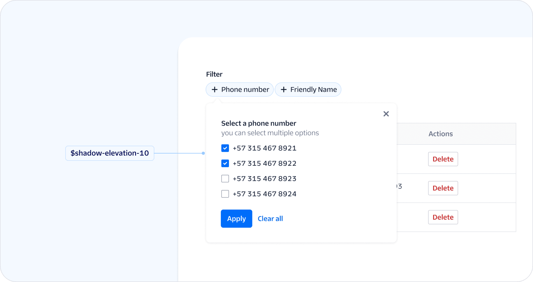 a mock of popover component that uses 'shadow elevation 10' as box shadow